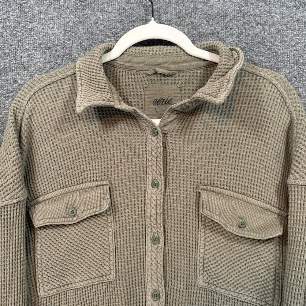 Aerie Shirt Women Medium Green Waffle Knit Oversized Shacket Button Down - Picture 2 of 7